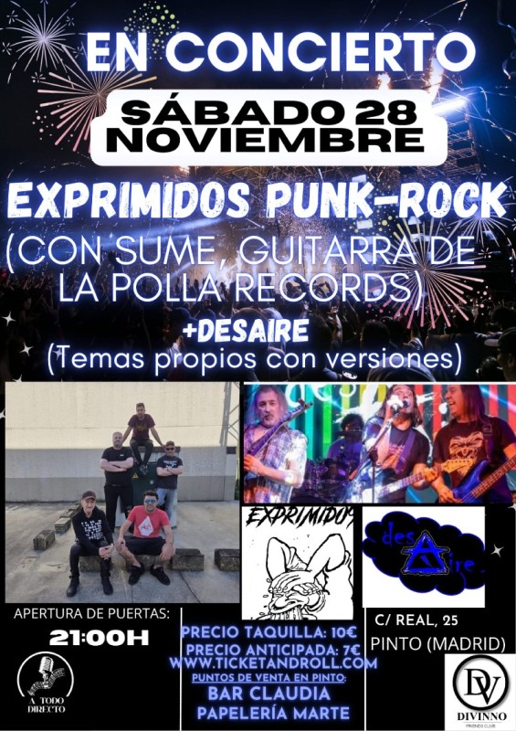 CONCIERTO ROCK. EXPRIMIDOS+ DESAIRE. 28.11.2026 en PINTO. Sábado